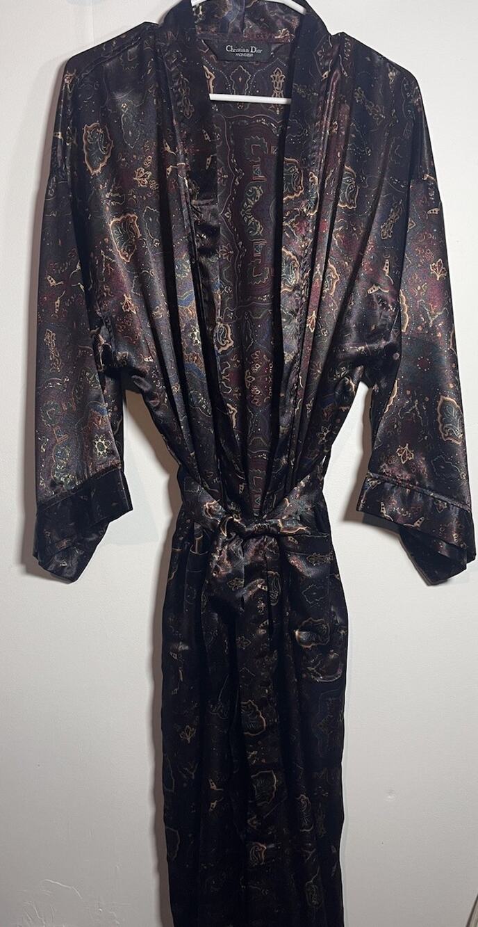Vintage Christian Dior Monsieur Men’s Paisley Satin Robe OS Belted 48in Kimono